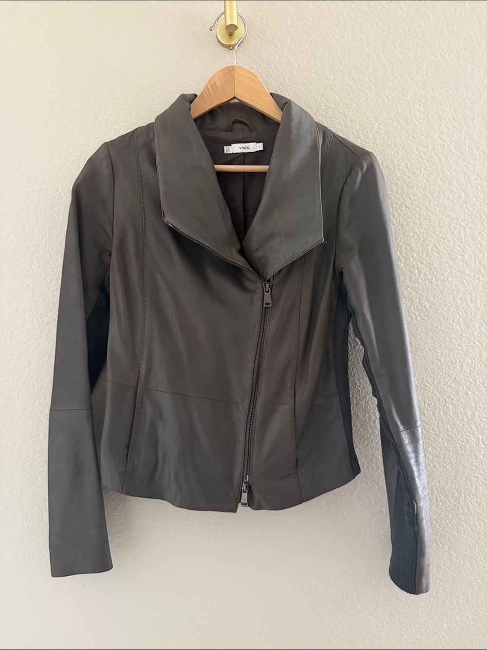 Vince Charcoal Leather Asymmetrical Zip Jacket